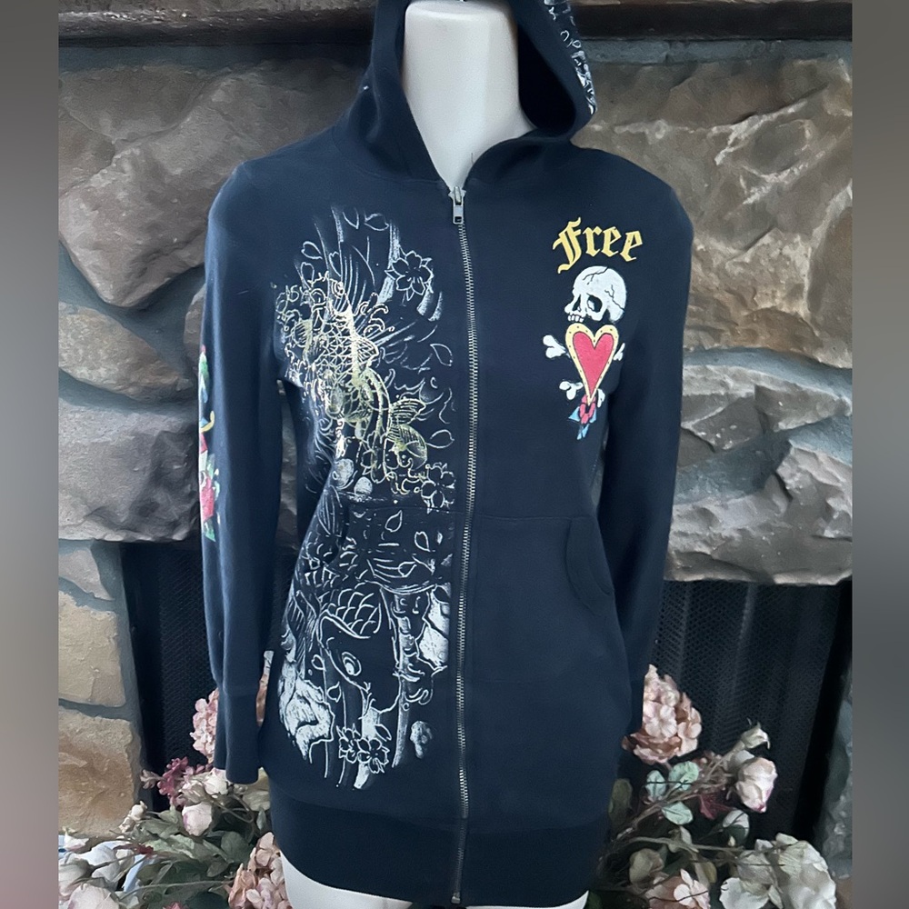 Ed Hardy By Christian Audigier Skull Long Sleeve Zippered Hoodie Size XS